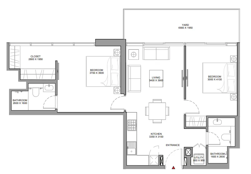 Florine Beach Residences 2 bed floor plan, 987 – 991 sqft