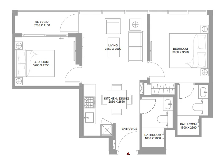 Pearlside Marina Residences 2 bed floor plan, 652 – 653 sqft