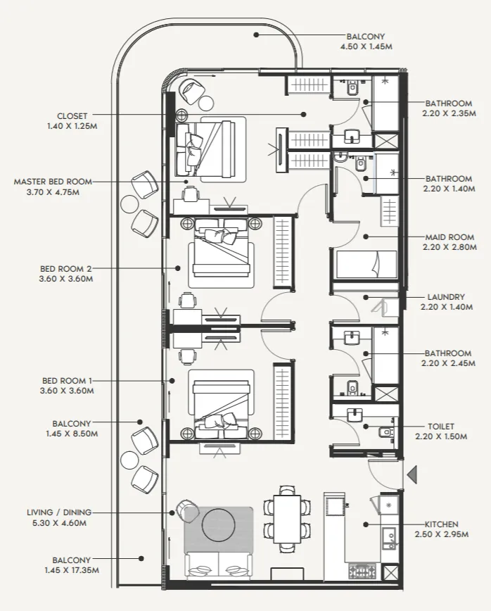 Azizi Amir 3 bed floor plan, 1,845 sqft