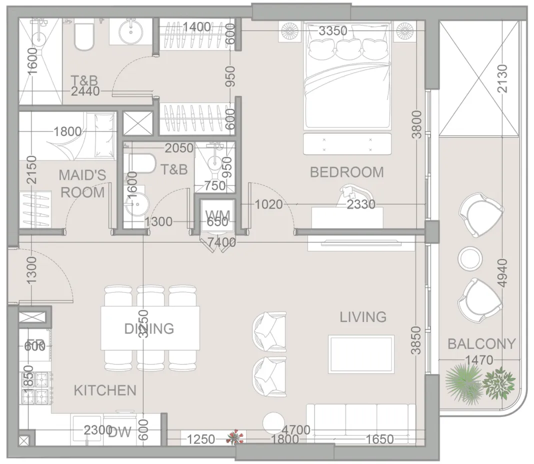 TETR1S Tower 1 bed floor plan, 786 sqft
