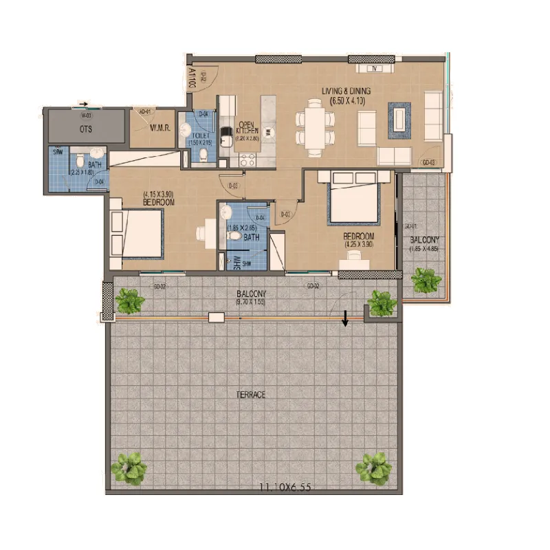 Triana Residences 1 bed floor plan, 2,161 sqft