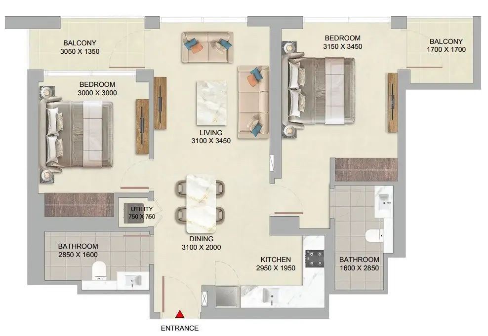 The Woods Abode at Sobha Sanctuary 2 bed floor plan, 889 sqft