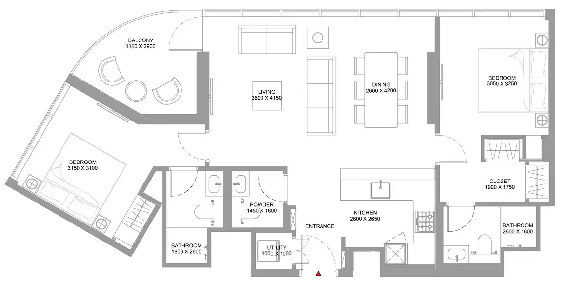 Bayfront Marina Residences 2 bed floor plan, 1,021 – 1,022 sqft