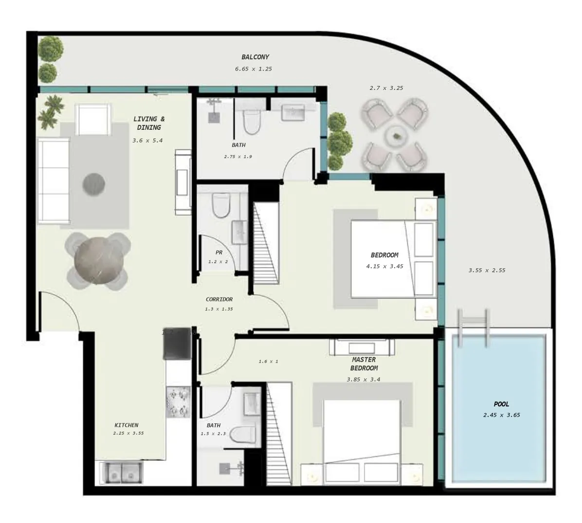 Samana Avenue 2 bed floor plan, 1,228 sqft