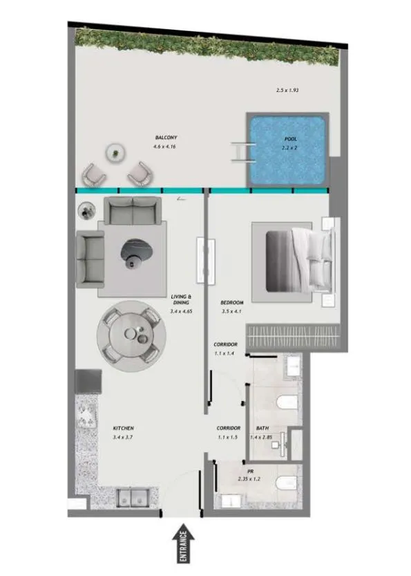 Samana Resorts 1 bed floor plan, 932 sqft