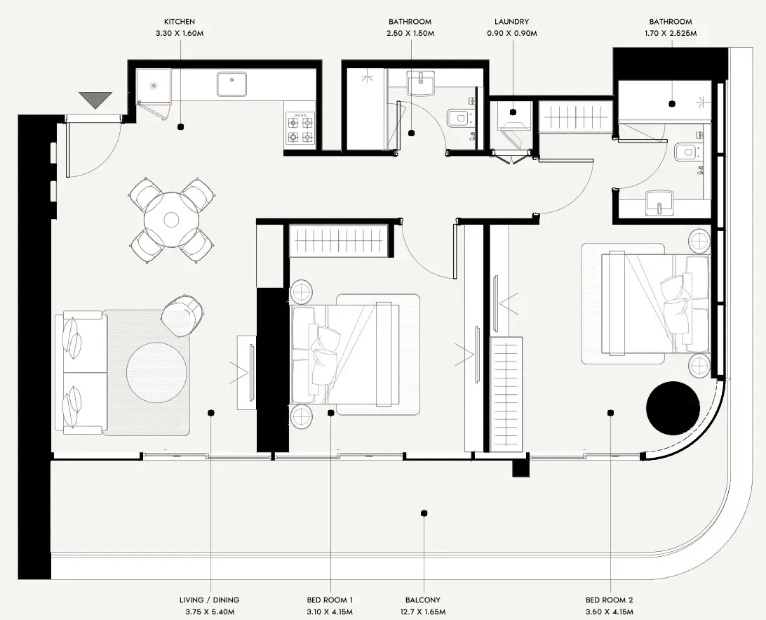 Azizi Milan 2 bed floor plan, 1,160 sqft