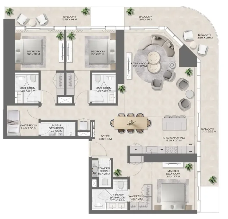 DWTN Residences 3 bed floor plan, 2,197 – 2,203 sqft