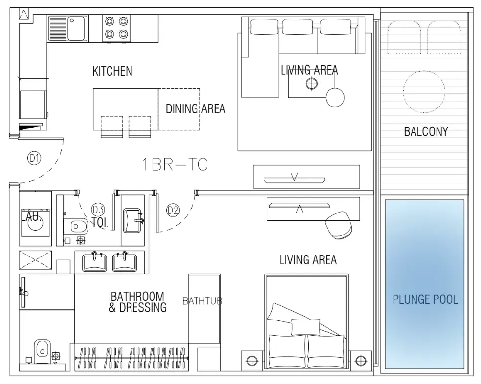 Sky Suites 1 bed floor plan, 830 sqft