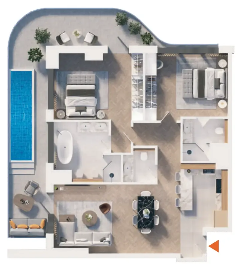 The Orchard Place Towers D & E 2 bed floor plan, 1,303 sqft
