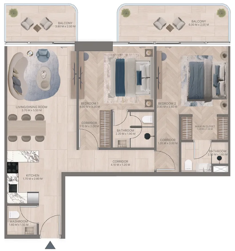 Meriden Beach Residences 2 bed floor plan, 1,200 – 1,204 sqft