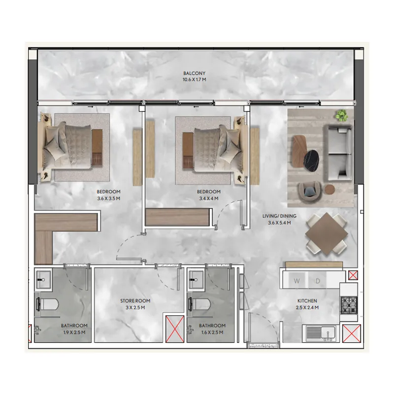 California Residences 2 bed floor plan, 1,159 sqft