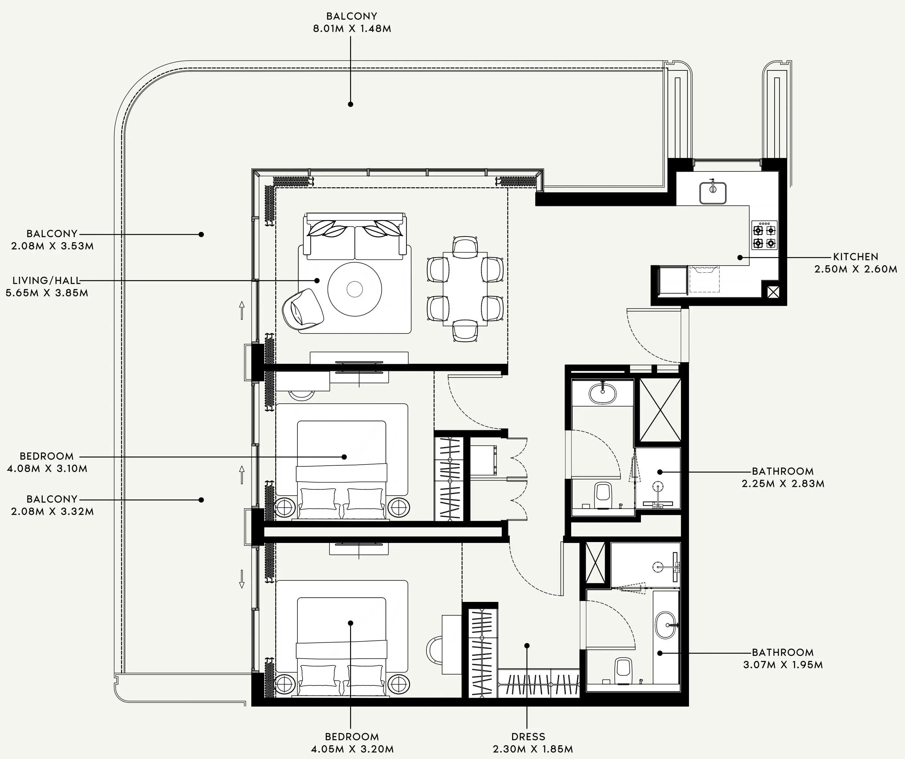 Azizi Venice 2 bed floor plan, 1,617 sqft