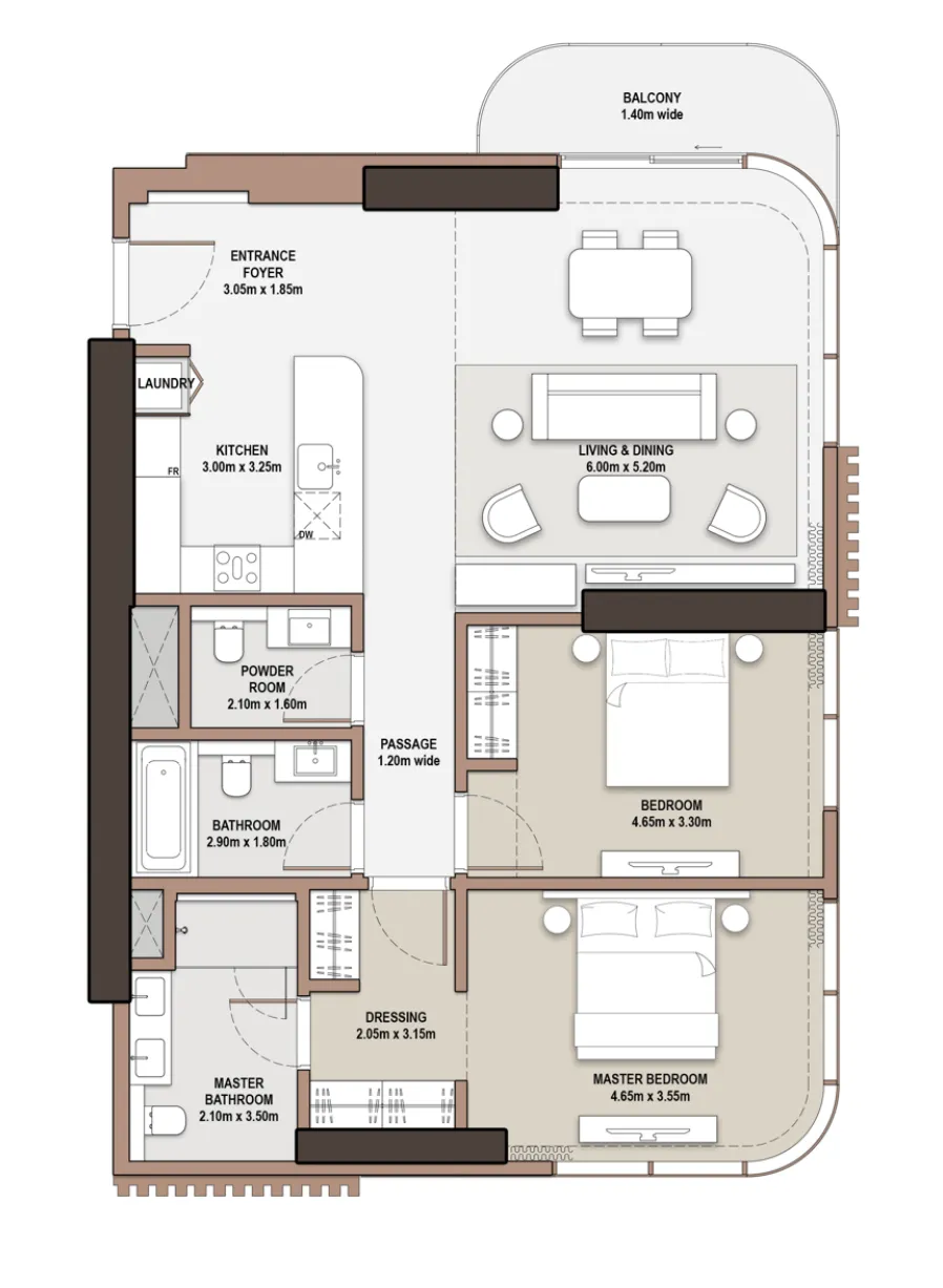 The Edit at d3 2 bed floor plan, 1,356 sqft