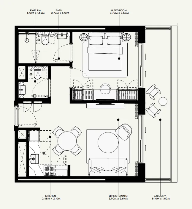 Azizi Venice 1 bed floor plan, 689 sqft