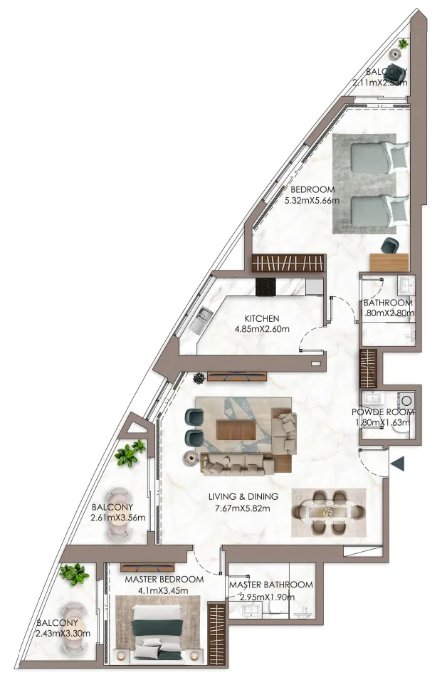 Ajman Pearl Tower 2 bed floor plan, 2,058 – 2,059 sqft