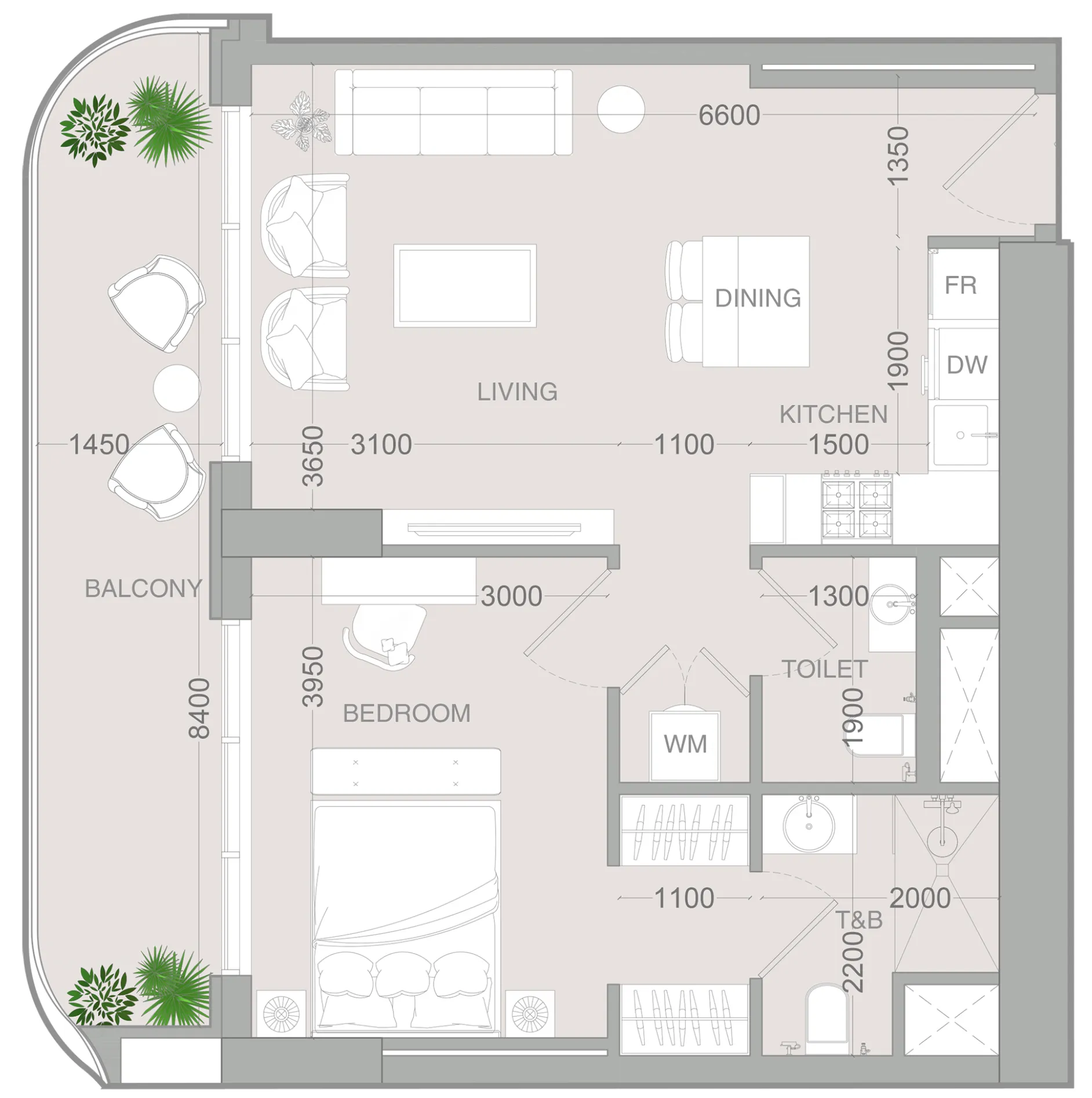 ALTA V1EW 1 bed floor plan, 735 sqft