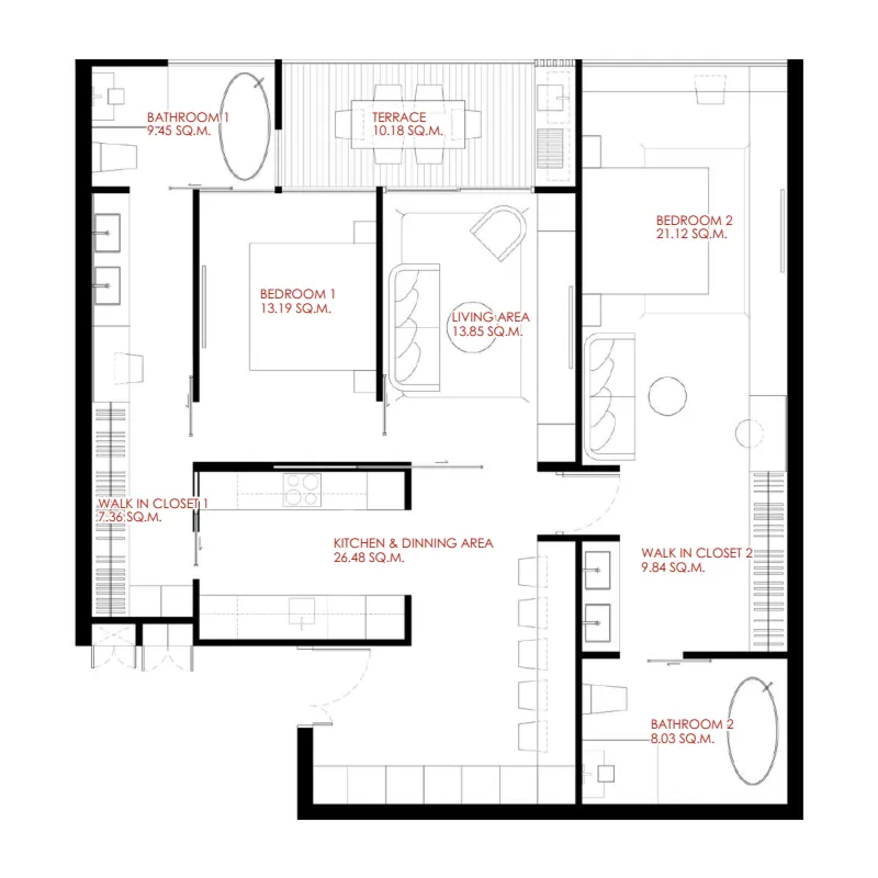 The Liberty by Wallaya Villas 2 bed floor plan, 1,281 sqft