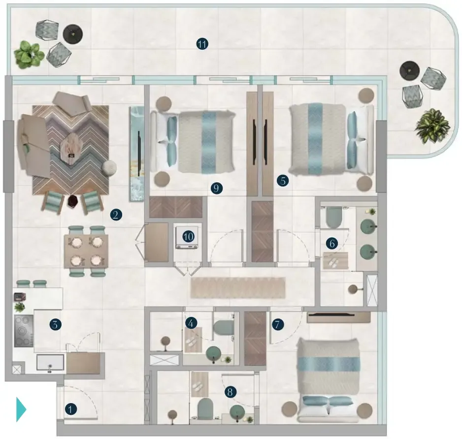 Octa Isle Interiors by Missoni 3 bed floor plan, 1,369 sqft