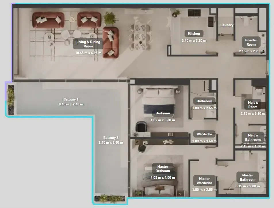 Luluat Marina at Luluat Al Raha 2 bed floor plan, 2,099 sqft
