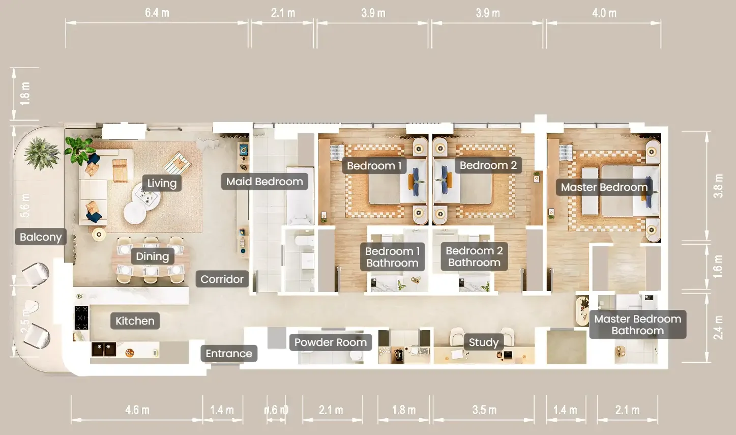 The Beach House Fahid 3 bed floor plan, 1,974 sqft
