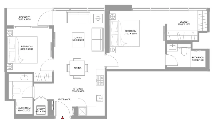 Starline Beach Residences 2 bed floor plan, 839 sqft