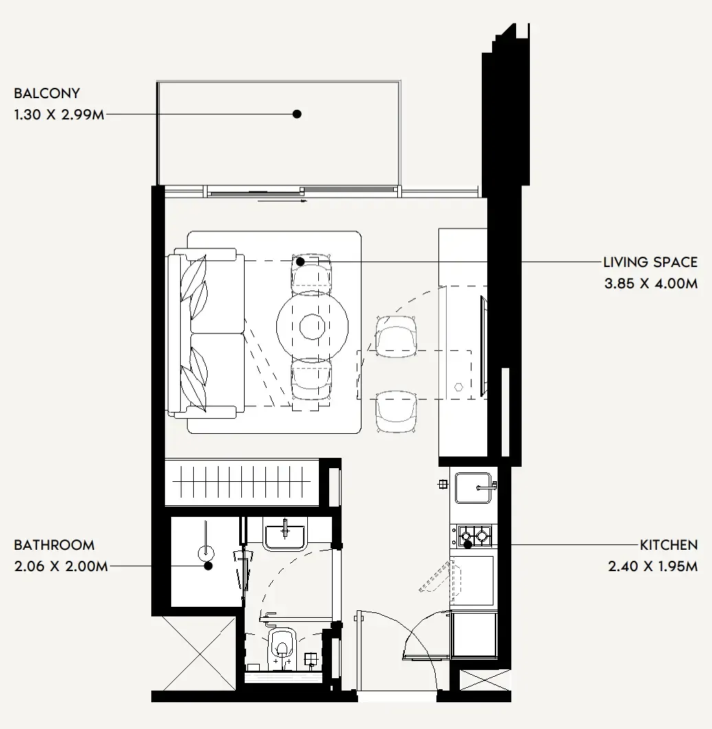 Jaddaf Beach Oasis Studio floor plan, 319 sqft
