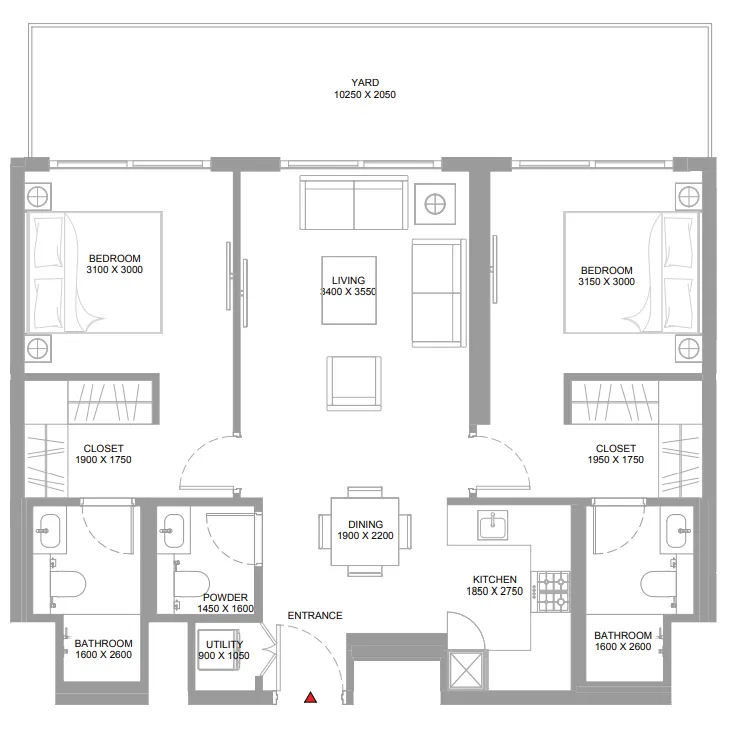 Pierside Marina Residences 2 bed floor plan, 1,067 sqft