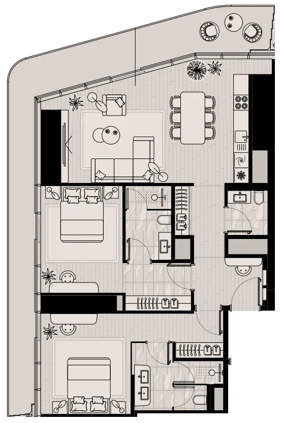 Iconic Tower 2 bed floor plan, 1,599 – 1,600 sqft
