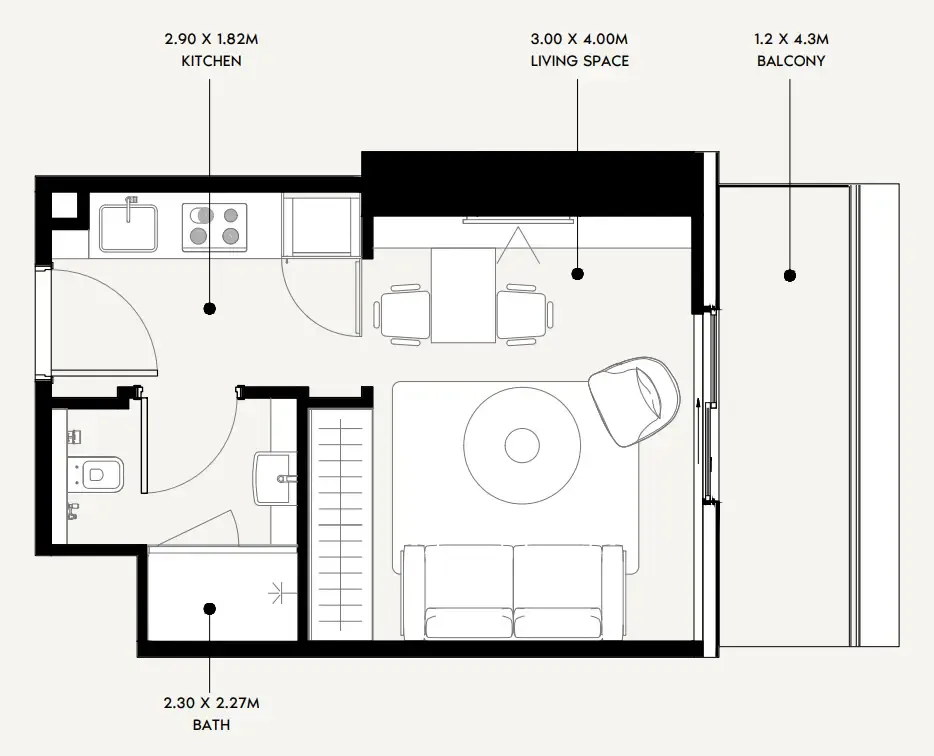 Azizi Milan Studio floor plan, 340 sqft