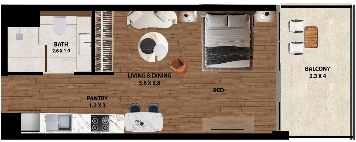 Marquis One Studio floor plan, 455 sqft