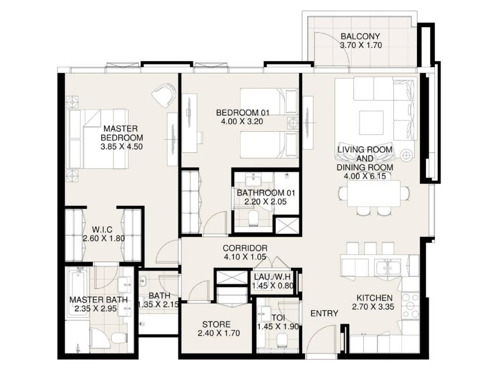 Canal Front Residences 3 and 4 2 bed floor plan, 1,353 sqft