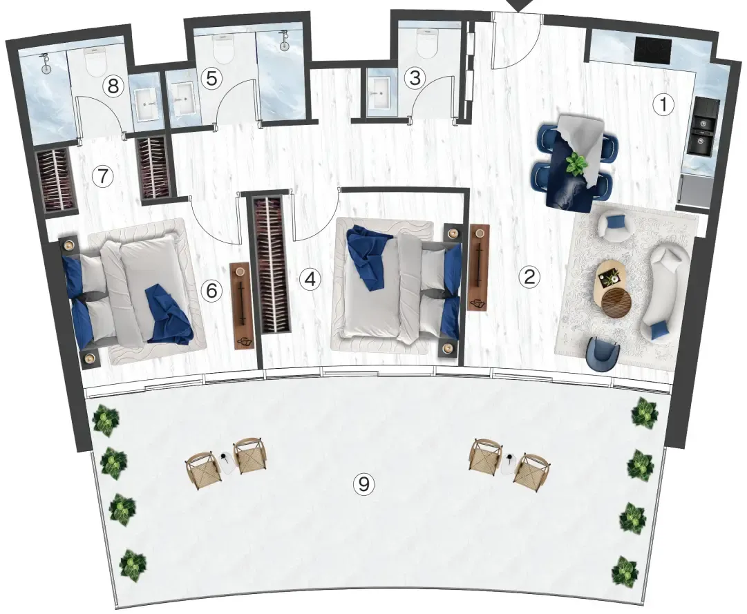 Radisson Blu Hotel & Residences 2 bed floor plan, 1,245 sqft