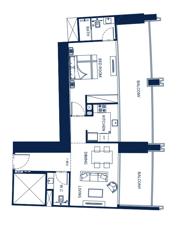 Binghatti Skyrise 1 bed floor plan, 1,022 sqft