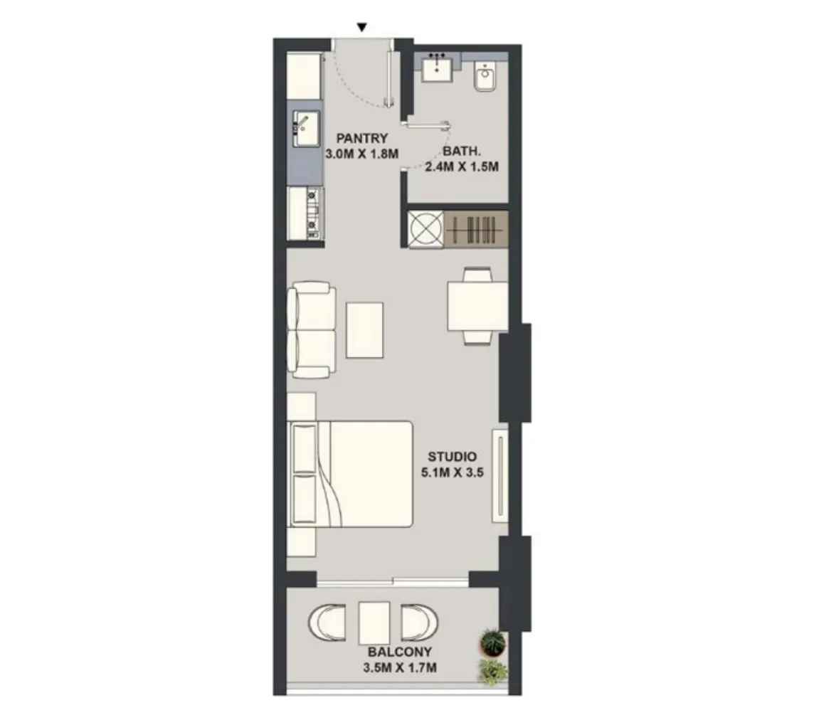 Maison Elysee Studio floor plan, 390 – 399 sqft