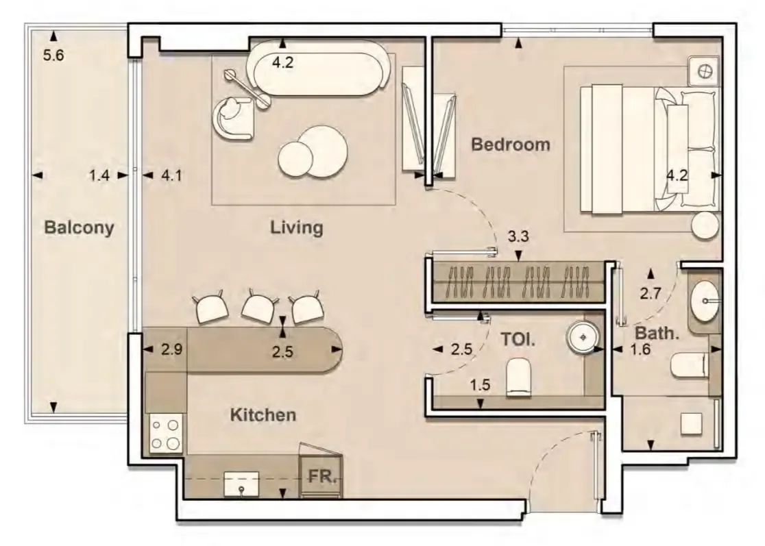 Lume Residences 1 bed floor plan, 715 sqft