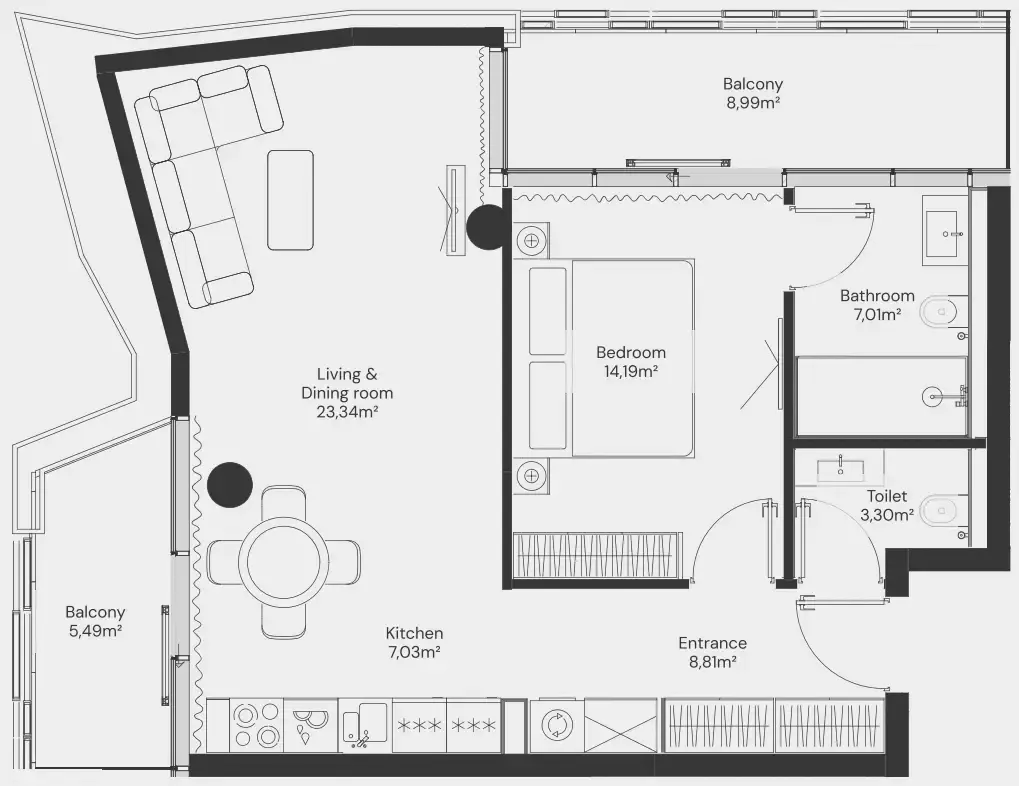 John Richmond District 1 bed floor plan, 841 – 853 sqft