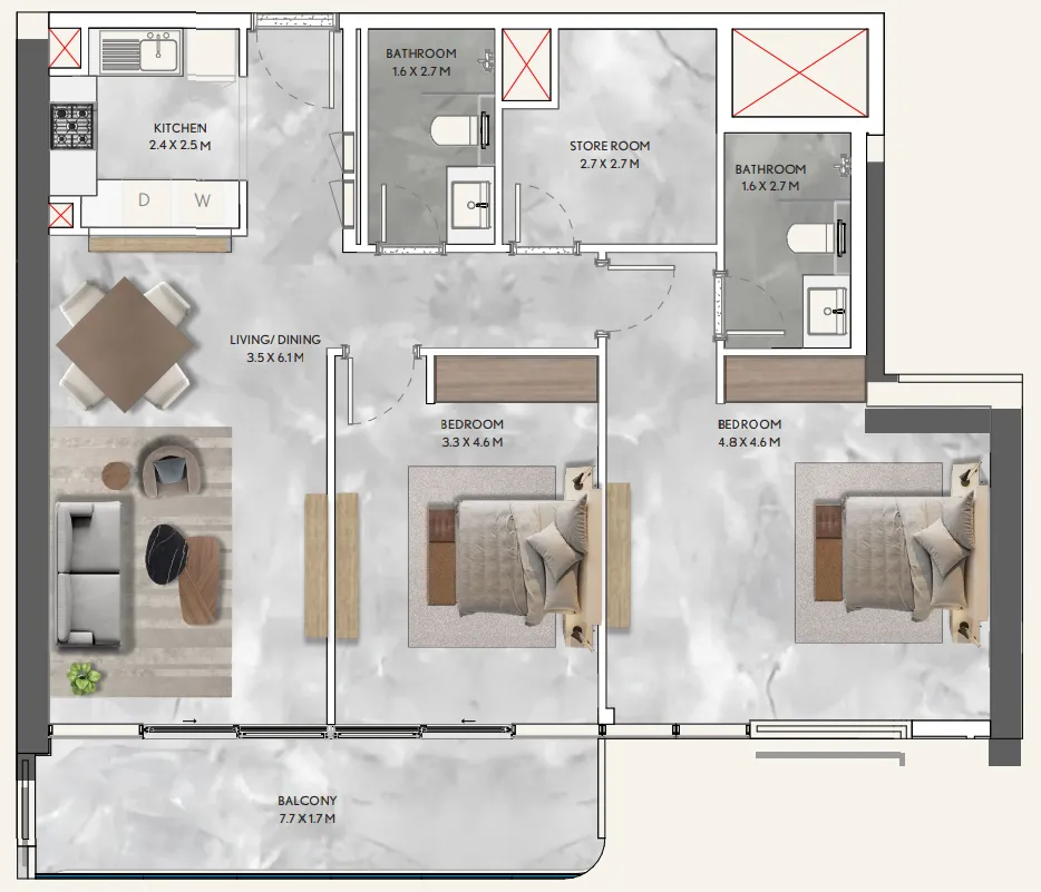 California Residences 2 bed floor plan, 1,190 – 1,196 sqft