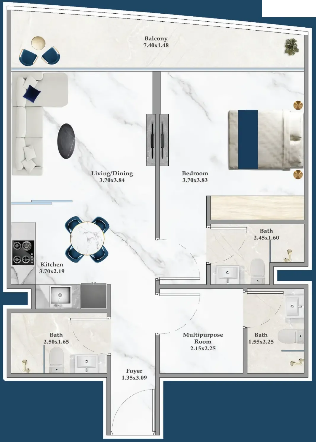 Serenz 1 bed floor plan, 716 sqft