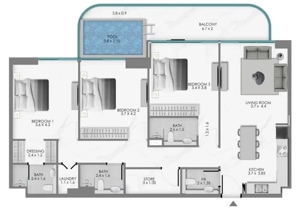 Samana Ocean Bay 3 bed floor plan, 1,553 sqft