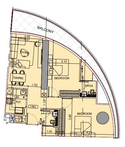 Binghatti Aquarise 2 bed floor plan, 1,048 sqft