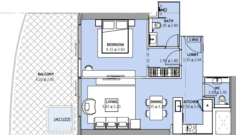 Binghatti Skyblade 1 bed floor plan, 1,030 sqft