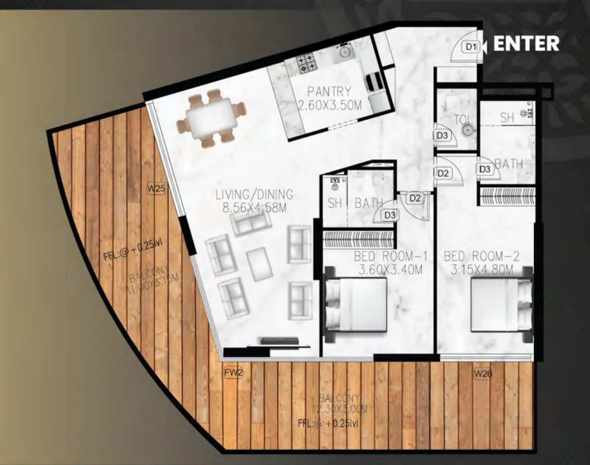 Lumina Vista 2 bed floor plan, 1,964 sqft