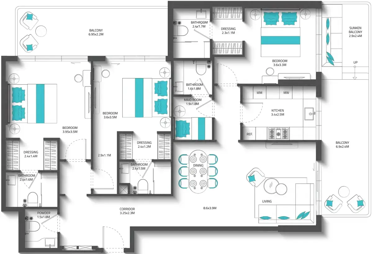 Reef 996 3 bed floor plan, 1,899 sqft
