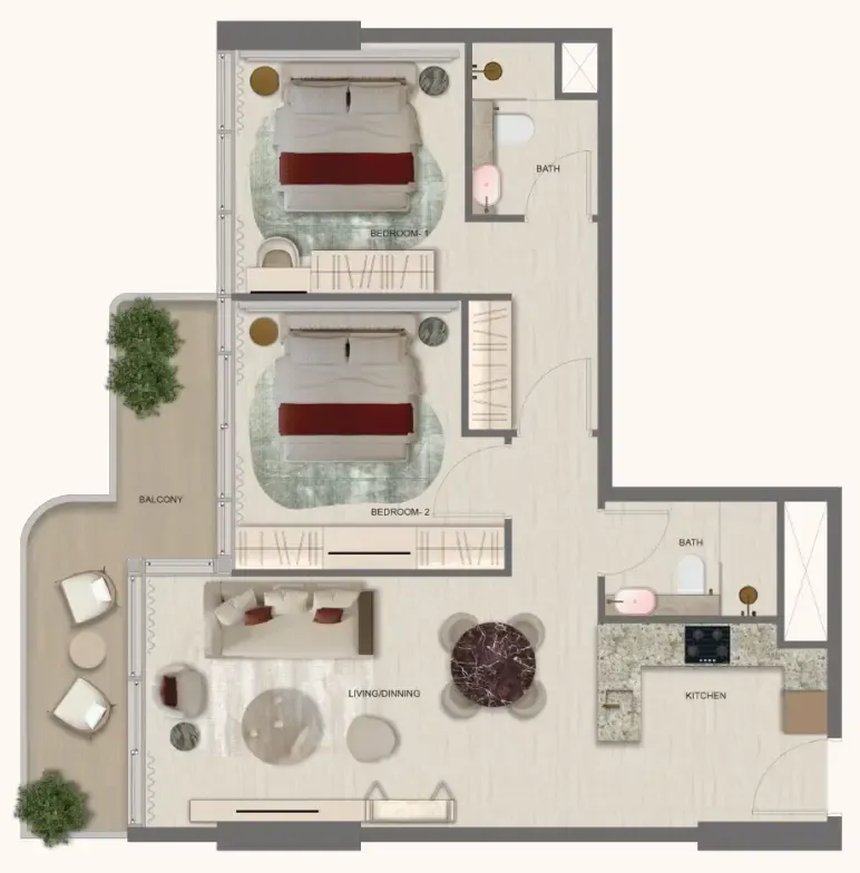 Treppan Serenique Residences 2 bed floor plan, 981 – 1,044 sqft