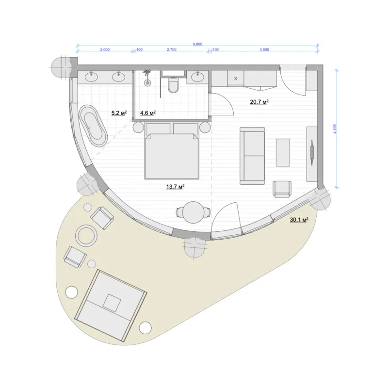 Bloom Hotel Melasti 1 bed floor plan, 474 – 475 sqft
