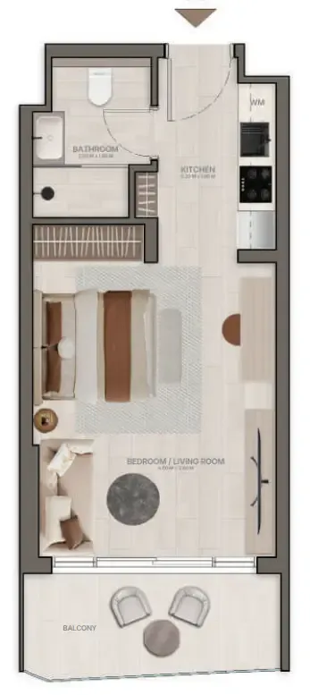 Stax Studio floor plan, 395 – 420 sqft