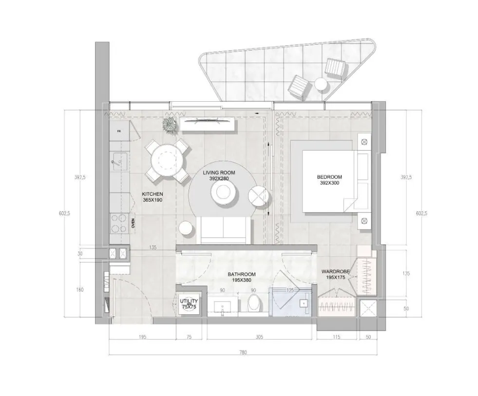 Solera Downtown Mina 1 bed floor plan, 611 – 632 sqft