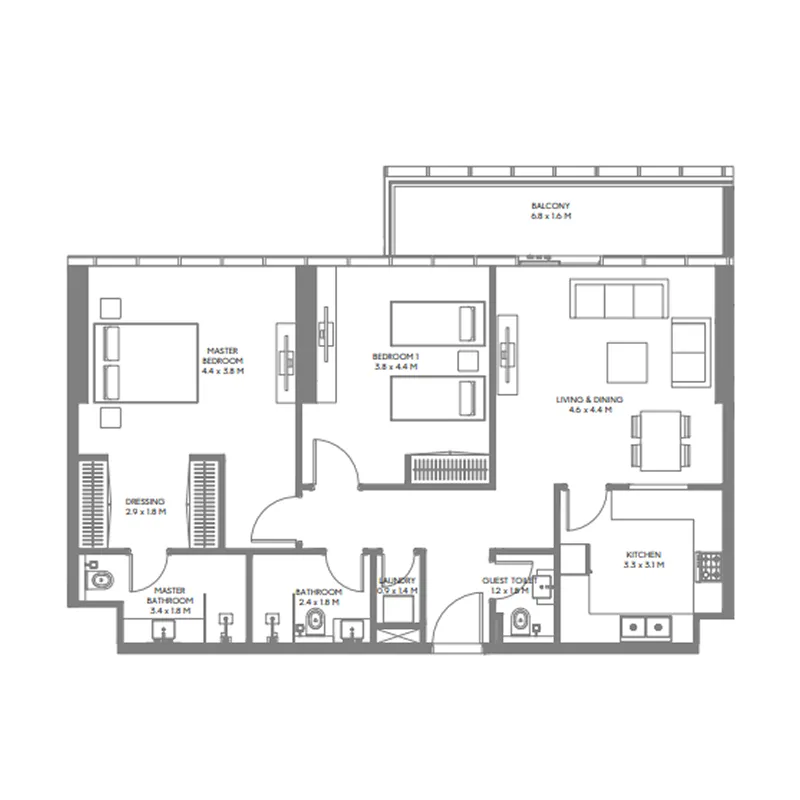 The Gate 3 and 4 2 bed floor plan, 1,118 sqft