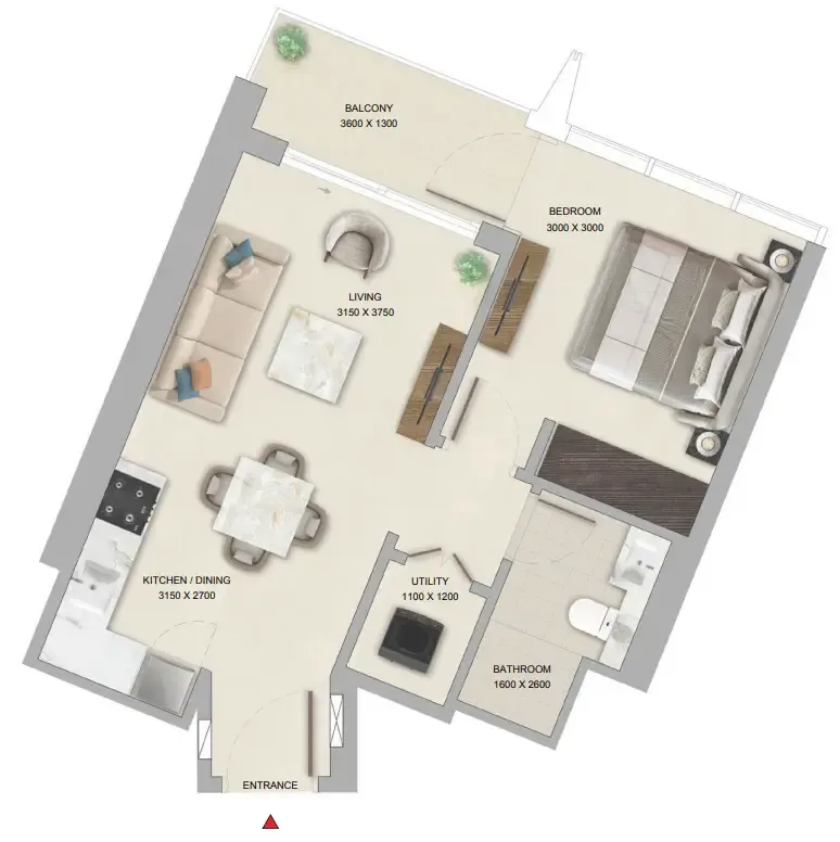 The Pinnacle at Sobha Central 1 bed floor plan, 563 – 565 sqft