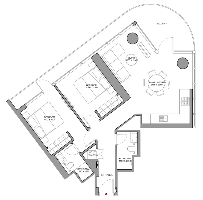 Sobha Solis 2 bed floor plan, 1,130 sqft